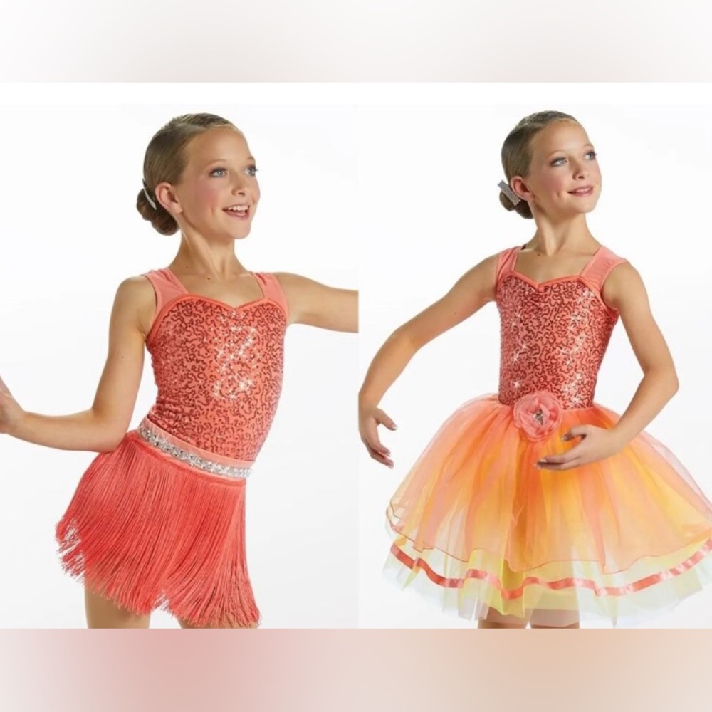 Weissman Coral Sequin Dance Costume with Fringe and Tulle